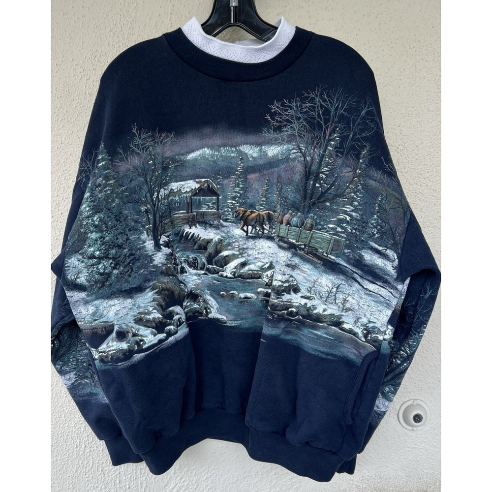 VTG 90's Art Unlimited Winter Wonderland AOP Sweatshirt XL Deer Lake USA Cabin